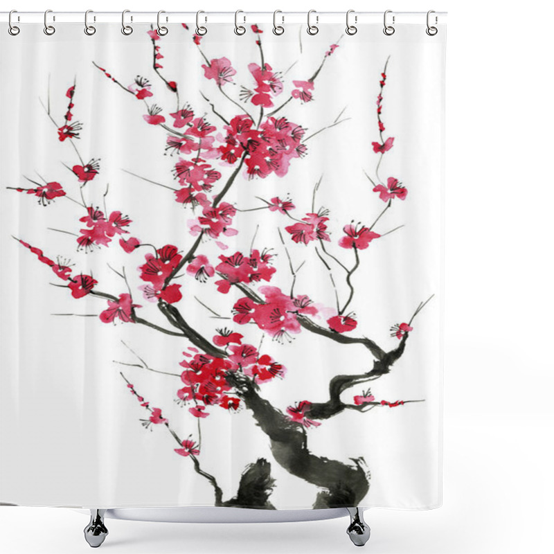 Personality  A Branch Of A Blossoming Tree. Pink And Red Stylized Flowers Of Plum Mei, Wild Apricots And Sakura . Watercolor And Ink Illustration In Style Sumi-e, U-sin. Oriental Traditional Painting.   Shower Curtains