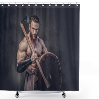 Personality  Artistic Portrait Of Huge Shirtless Muscular Viking Holds Axe Over Dark Grey Background. Shower Curtains