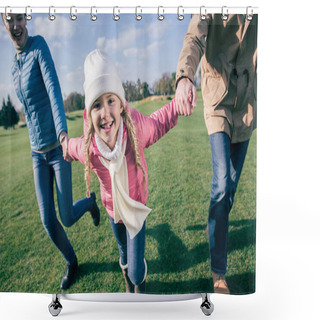 Personality  Happy Family Holding Hands On Meadow Shower Curtains