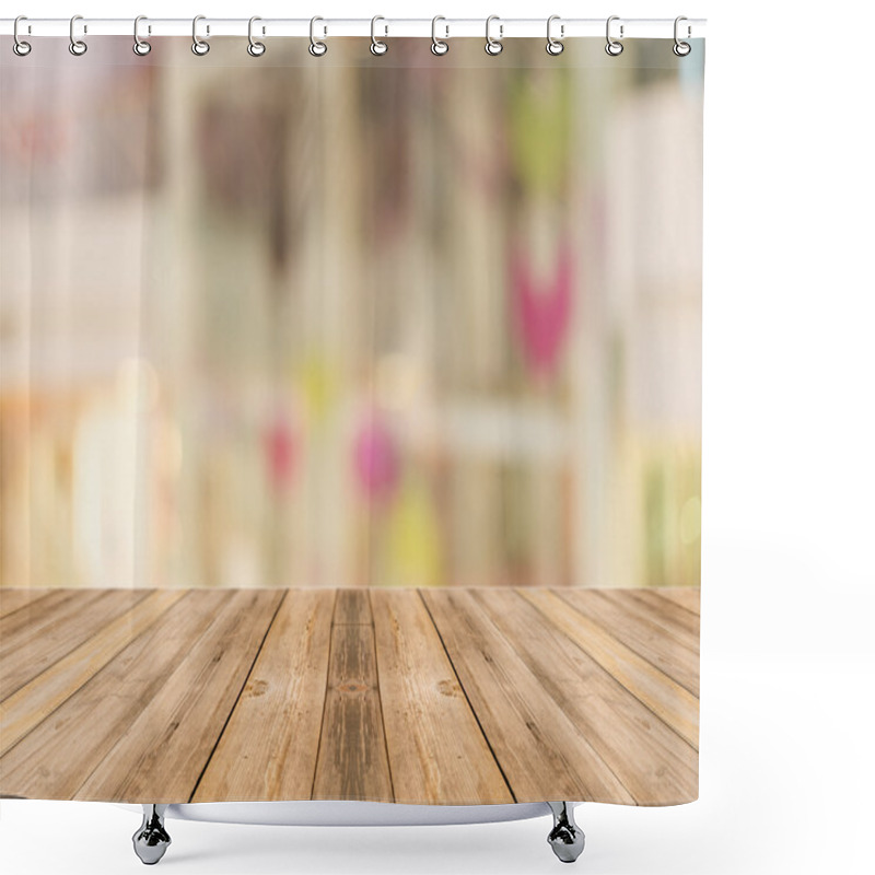 Personality  Wooden board empty table in front of blurred background. Perspective brown wood over blur store in mall - can be used for display or montage your products. shower curtains