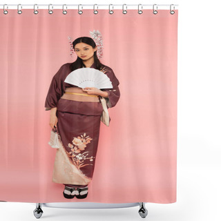 Personality  Full Length Of Asian Woman With Handbag And Fan Standing On Pink Background Shower Curtains