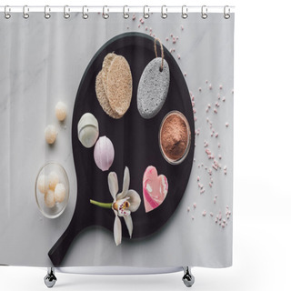 Personality  Top View Of Various Natural Body Care Accessories On White, Spa Treatment Concept Shower Curtains