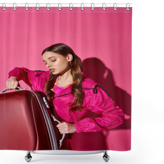 Personality  A Stylish Woman In Her 20s Clad In Pink Holds A Suitcase In A Studio With A Pink Backdrop, Exuding A Sense Of Adventure. Shower Curtains