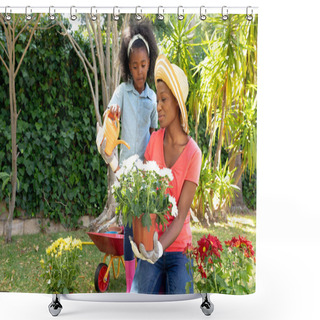 Personality  African American Girl And Her Mother Spending Time In The Garden, Planting Flowers. Social Distancing And Self Isolation In Quarantine Lockdown. Shower Curtains