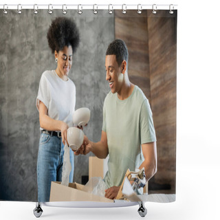 Personality  Smiling African American Man Giving Tableware To Girlfriend While Unpacking Boxes In New House Shower Curtains