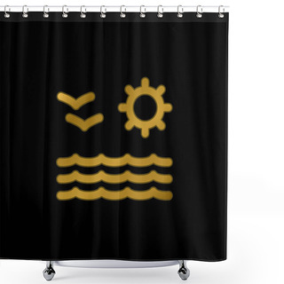 Personality  Beach View Of Sea Sun And Seagulls Couple Gold Plated Metalic Icon Or Logo Vector Shower Curtains