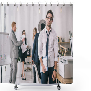 Personality  Bewildered Overworked Businessman Standing In Office With Blurred Colleagues Working On Background Shower Curtains