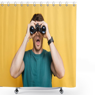 Personality  Young Shocked Man Looking Through Binoculars On Yellow Shower Curtains
