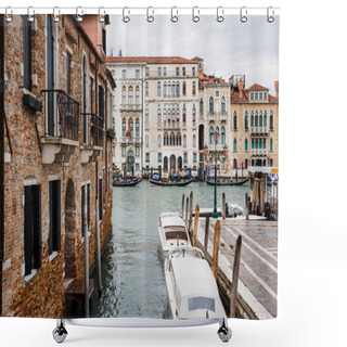 Personality  VENICE, ITALY - SEPTEMBER 24, 2019: Canal With Motor Boats And Ancient Buildings In Venice, Italy  Shower Curtains