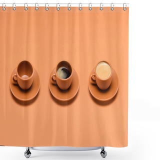 Personality  Close Up View Of Arrangement Of Empty Cup And Two Cups Of Coffee Isolated On Peach Shower Curtains