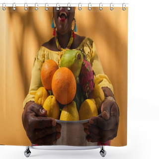 Personality  Partial View Of Middle Aged African American Woman Holding Metal Bowl With Fruits On Orange Shower Curtains
