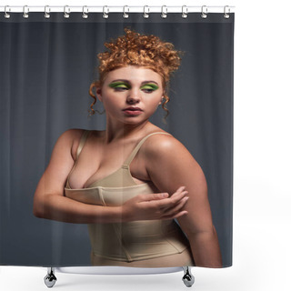 Personality  Sensual Redhead And Curvy Woman In Taupe Underwear Looking At Camera On Dark Grey Backdrop Shower Curtains