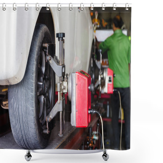 Personality  Close Up Shot Of Car Wheel Centering Machine Adjustment Shallow  Shower Curtains