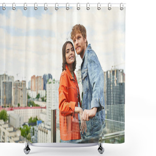 Personality  A Man And A Woman Stand Side By Side On A Balcony Overlooking The City Skyline Shower Curtains