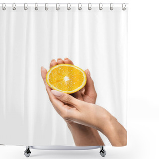 Personality  Closeup Partial View Of African American Woman Holding Slice Of Orange In Hands Isolated On White Shower Curtains