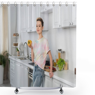 Personality  Bigender Person With Short Hair Smiling At Camera While Holding Whole Bell Pepper In Kitchen Shower Curtains