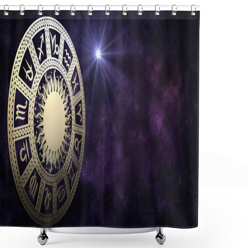 Personality  Template 13 Zodiac Signs On  Galaxy Background. Zodiac Circle In Space. Shower Curtains