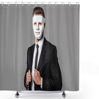 Personality  Businessman In Black Suit And White Mask Isolated On Grey Shower Curtains