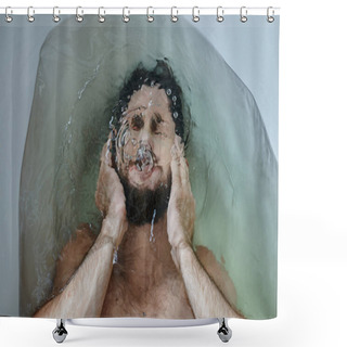 Personality  Frustrated Depressed Man With Beard Drowning In Bathtub During Breakdown, Mental Health Awareness Shower Curtains