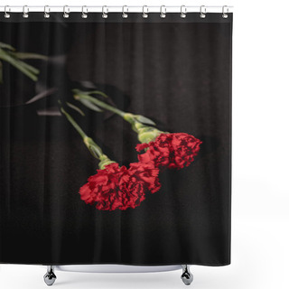 Personality  Two Red Carnation Flowers With Ribbon On Black Background, Funeral Concept Shower Curtains