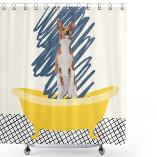 Personality  Contemporary Art Collage Of Cute, Dog Standing In Bath Isolated Over White Background Shower Curtains
