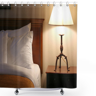 Personality  Comfortable And Serene Bedside Lit By Lamp Light; Shower Curtains