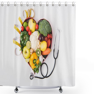 Personality  Vegetables And Fruits Laying In Heart Shaped Dish Near Stethoscope And Measuring Tape Isolated On White Background    Shower Curtains