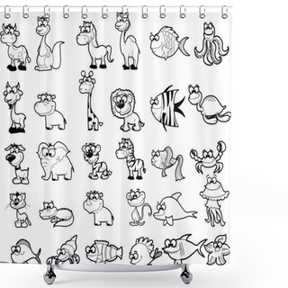 Personality  Big Set Of Black And White Cartoon Animals, Vector Shower Curtains