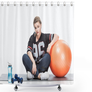 Personality  Young Overweight Woman In Sportswear Leaning At Fit Ball And Looking At Camera While Sitting On Yoga Mat Isolated On White Shower Curtains