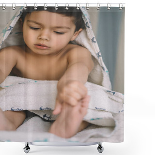 Personality  Selective Focus Of Cute Child, Covered With Hooded Towel, Touching Feet While Sitting On Bed Shower Curtains