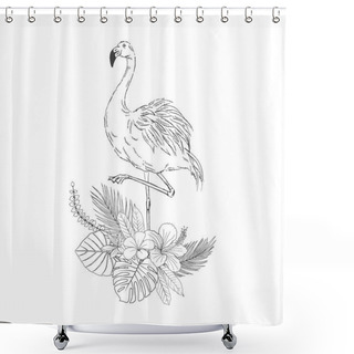 Personality  Flamingo On Flowers Bouquet Hand Drawn Sketch Shower Curtains