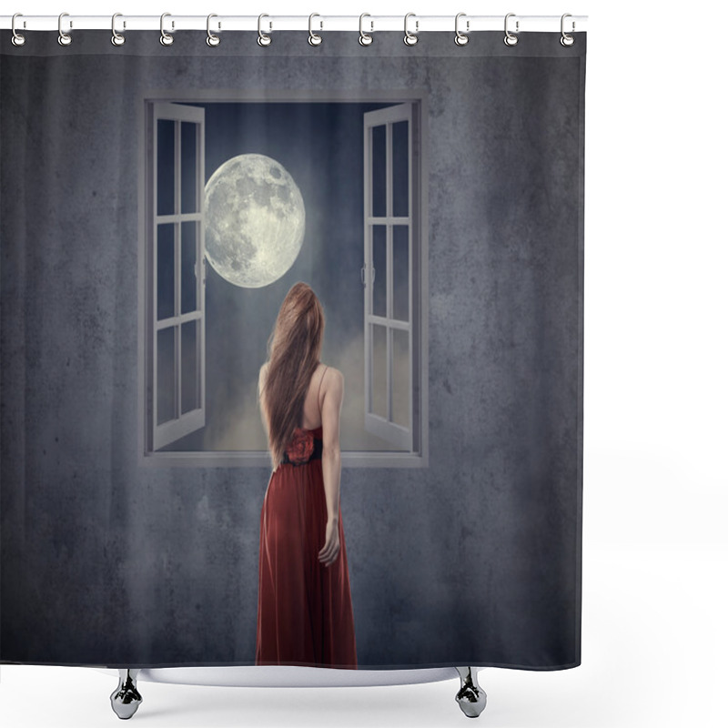 Personality  Beautiful Woman In Red Dress Walking To Opened Window With Moon Shower Curtains