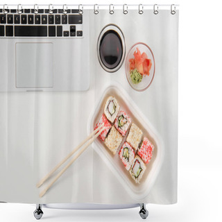 Personality  Top View Of Open Laptop And Sushi Rolls With Wasabi And Soy Sauce At Workplace Shower Curtains