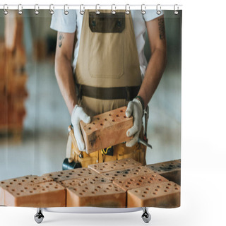 Personality  Cropped Image Of Construction Worker In Protective Gloves Holding Brick At Construction Site  Shower Curtains