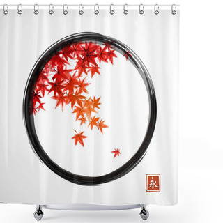 Personality  Red Leaves Of Japanese Maple In Fall. Traditional Japanese Ink Wash Painting Sumi-e On White Background. Hieroglyph - Eternity. - Vector Shower Curtains