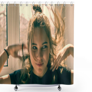 Personality  Girl, Teenager, Schoolgirl On The Window Background. Hair Fluttering, Eyes Are Laughing, A Satisfied Smile On His Face. Light-heartedness, Happiness, Joy. Shower Curtains