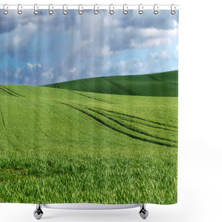 Personality  Wide Green Field And Blue Sky With Clouds Shower Curtains