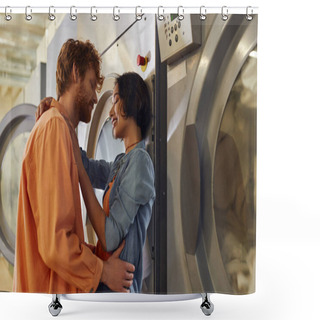 Personality  Joyful Young Interracial Couple Hugging Near Washing Machine In Public Laundry Shower Curtains