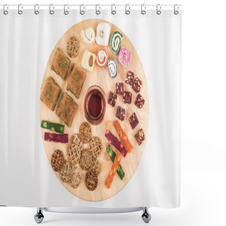 Personality  Top View Of Wooden Board With Delicious Turkish Sweets And Tea Isolated On White Shower Curtains