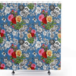 Personality  Colorful Roses And Butterflies Pattern Shower Curtains