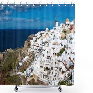 Personality  White Houses Near Tranquil Sea Against Sky With Clouds In Santorini  Shower Curtains