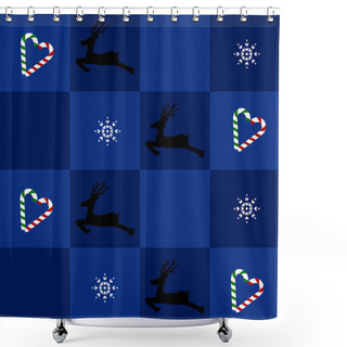Personality  Seamless Pattern. Merry Christmas And Happy New Year. On Checkerboard Blue Background. Reindeer Silhouette, Candy Cane And Snowflakes Were Decorated On A Square Grid. Illustration Art Design. Shower Curtains