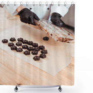 Personality  Cropped View Of Chocolatier Holding Ice Tray Near Baking Paper And Prepared Chocolate Candies  Shower Curtains