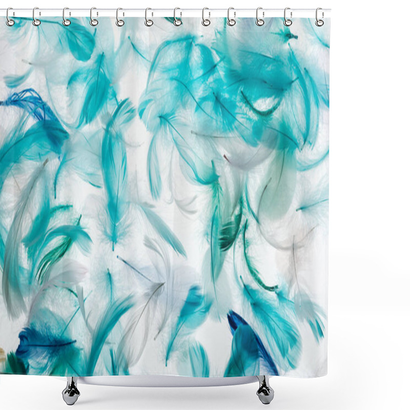 Personality  seamless background with multicolored bright green, grey and turquoise soft feathers isolated on white shower curtains