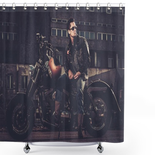 Personality  Biker And His Bobber Style Motorcycle On A City Streets  Shower Curtains