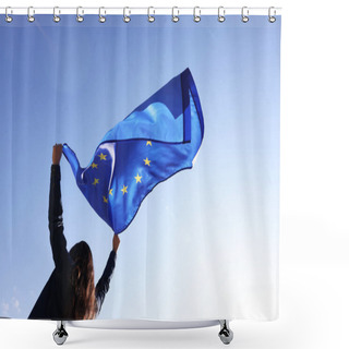 Personality  Woman Holding European Union Flag Against Blue Sky Outdoors, Low Angle View Shower Curtains