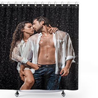 Personality  Sexy Couple In White Shirts Standing Under Rain Isolated On Black Shower Curtains