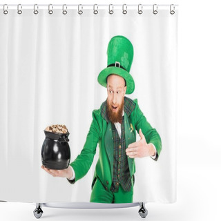 Personality  Leprechaun In Green Suit Presenting Pot Of Gold, Isolated On White  Shower Curtains