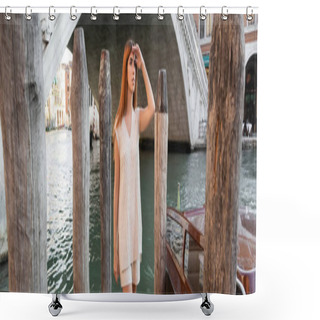 Personality  Young Woman In Sleeveless Jumper And Shorts Looking Away Near Wooden Pilings In Venice, Banner Shower Curtains
