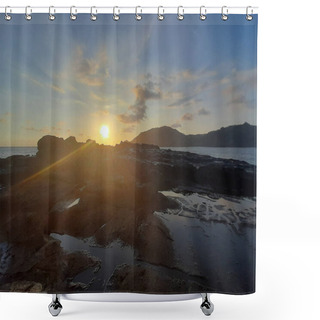 Personality  Beautiful Sunbeam On Extreme Terrain From A Rocky Coast With A Rock Plateau And Water Puddles Filled From Waves At Wediombo Beach, Java, Indonesia Shower Curtains